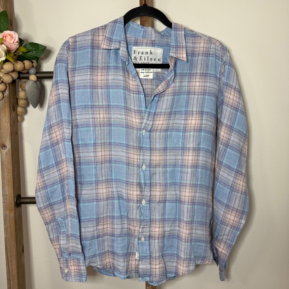 Frank and Eileen Plaid Linen Button Up Shirt Womens Size Large Blue Pink - Picture 2 of 11
